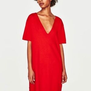 Zara Red V-neck T-Shirt Dress